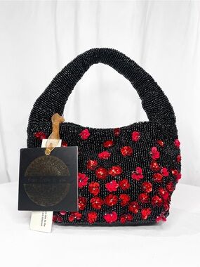 NWT • Black Beaded Bag With Red Sequin Poppy Flowers • Black & Red Beaded Purse